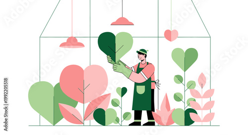 Gardener tending to heart-shaped plants in a greenhouse, symbolizing love and growth