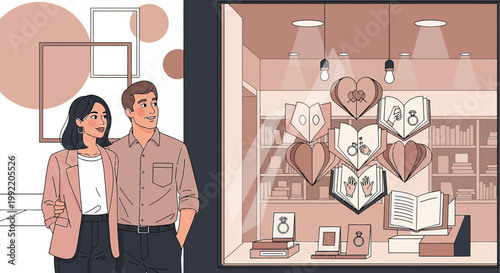 Couple Looking at Romantic Heart Displays in a Store Window