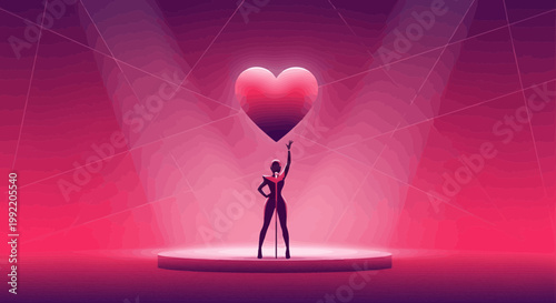 Futuristic Performer on Stage with Glowing Heart and Digital Network Background