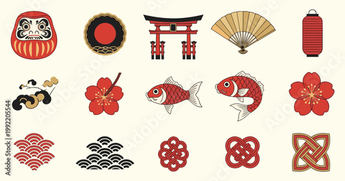 Japanese icons grid daruma torii koi fan lantern crest wave knot set minimal vector illustration