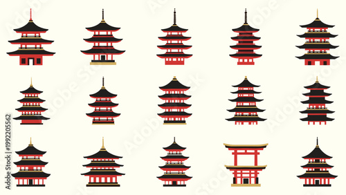 Japanese pagoda torii grid set tiered roof icon traditional silhouette red black gold vector illustration