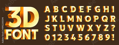 Vector illustration of full alphabet of 3d golden letters and numbers from 0 to 9. Modern three dimensional extruded font isolated on dark background