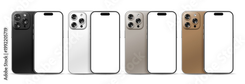 Vector illustration of modern mobile phones with camera, blank white screen, and cases in white, grey, desert, and black color. Realistic mockup or template, isolated on white background