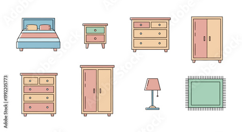 Set of colorful flat design icons of bedroom furniture