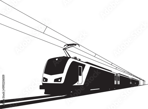 electric train on tracks with overhead wires