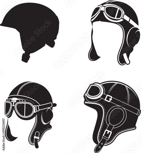 Four different motorcycle helmets with goggles on white background