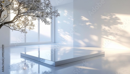 Modern minimalist interior with glass floor panel and tree reflected in shiny surface
