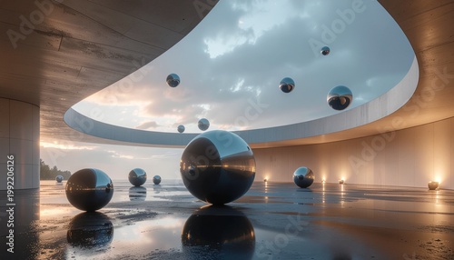 Futuristic interior with large reflective ceiling and shiny metallic spheres on polished floor