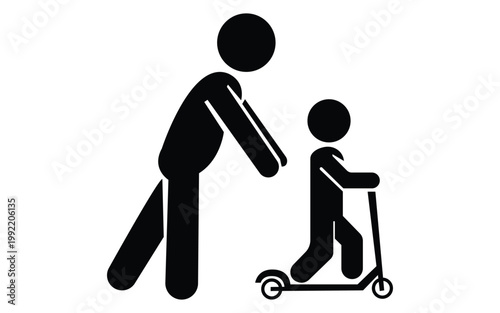Adult guiding child riding scooter silhouette safety teaching family activity vector icon