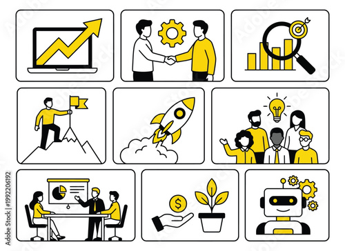 Minimal flat illustration set showing business teamwork, startup launch, meetings and growth concepts. Ideal for websites, apps and presentations.