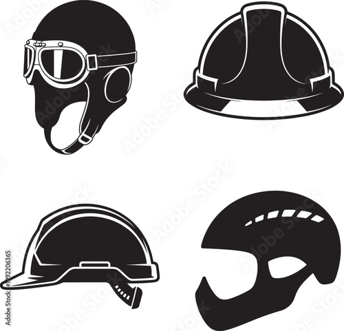 Four different types of safety helmets and headgear