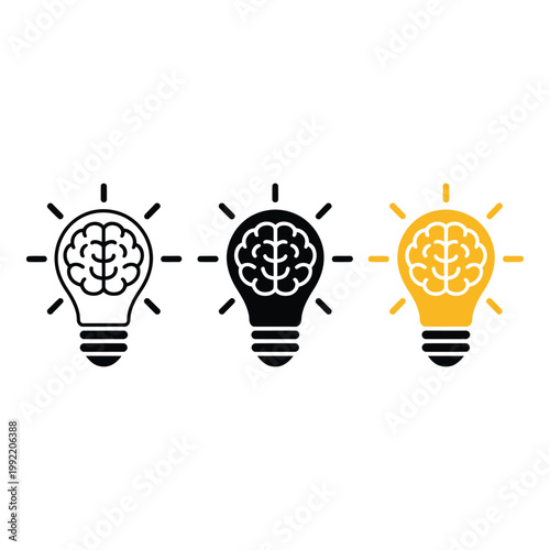Set of human brain inside lightbulb icons representing creative thinking idea concept and intelligence symbols for business design.