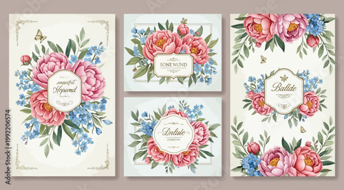 Set of floral wedding invitation cards with pink peonies and blue forgetmenots