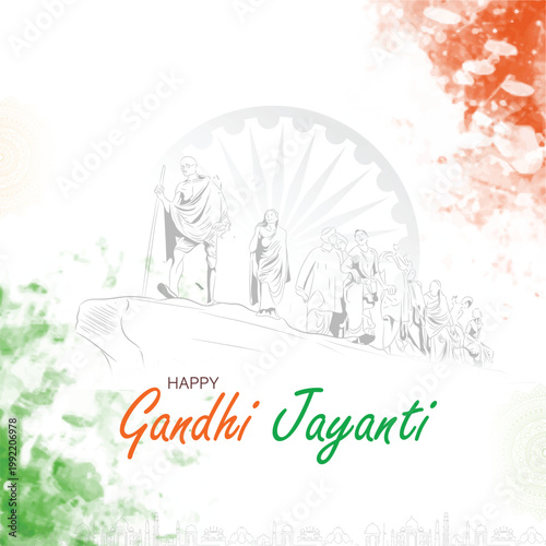 Happy Gandhi Jayanti poster with Mahatma Gandhi illustration, tricolor accents, and Indian peace theme