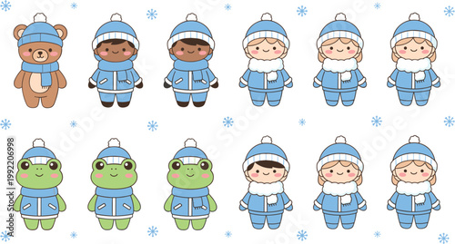 Adorable cartoon animals and children in matching winter outfits with snowflakes in cheerful seasonal vector illustration