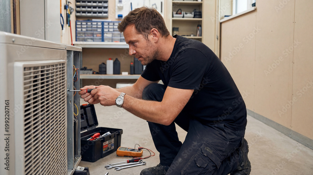 Fototapeta premium Electrician working on electrical panel with tools.