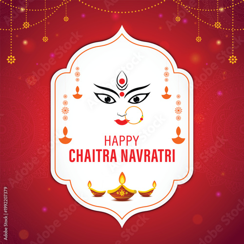 Happy Chaitra Navratri greeting poster with Goddess Durga face, diyas, and festive red background