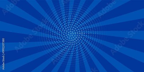 abstract comic rays background with dot halftone on blue