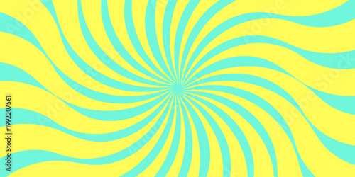 Psychedelic swirl backdrop with blue and yellow spiral creating vintage Y2K aesthetic. Colorful whirlpool bg. Retro radial vortex design featuring pastel colors, whimsical circus-inspired illustration
