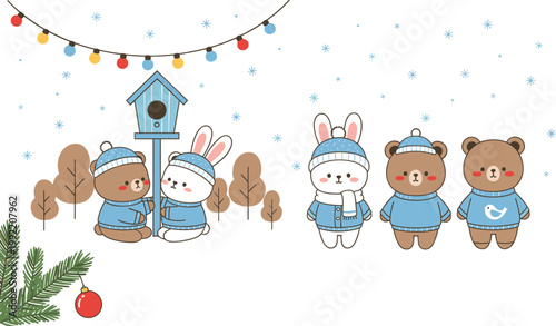 Cute winter cartoon animals bears and rabbits with birdhouse snowflakes pine branch and festive lights in cozy vector design