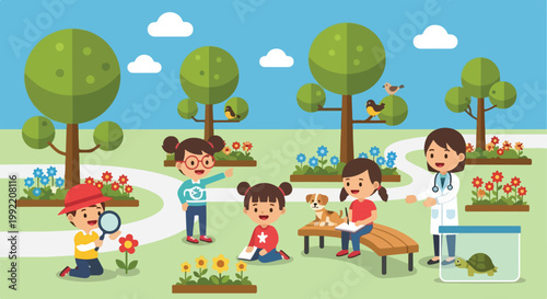 Children explore nature in a park, observing flowers with a magnifying glass and learning about animals from a teacher or veterinarian.