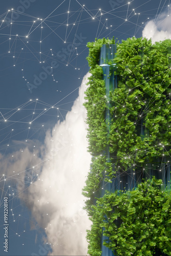 Smart city and sustainable architecture: vertical garden with digital network overlay, 3d rendering