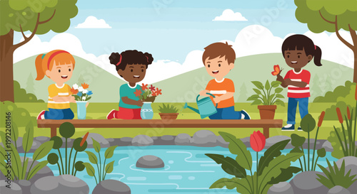 Four diverse children are happily gardening and interacting with nature near a peaceful pond surrounded by lush green hills and trees.
