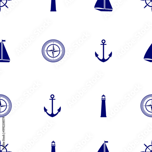 Navy seamless pattern with anchor, lighthouse, steering wheel, boat.