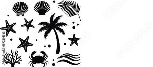 Tropical Summer Beach Silhouette Set Featuring Palm Trees, Sea Shells, Starfish, Crab, Coral Reef, and Ocean Waves for Vacation Graphic Design.