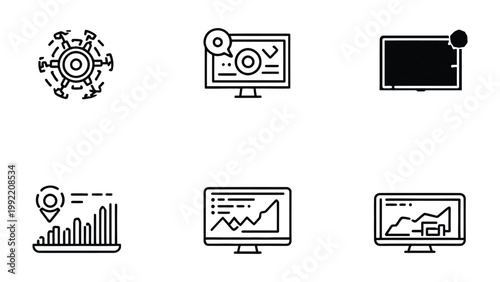 Digital Interface: A compilation of digital interface designs and data visualization icons, presenting concepts of innovation and tech.