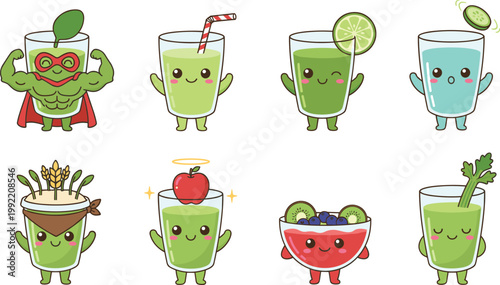 Vector illustration of cartoon juice glasses with cute faces, accessories, and fruit decorations in playful style
