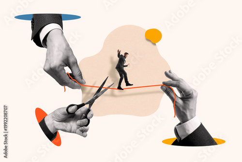 A businessman walks along a tightrope while balancing. Creative collage.