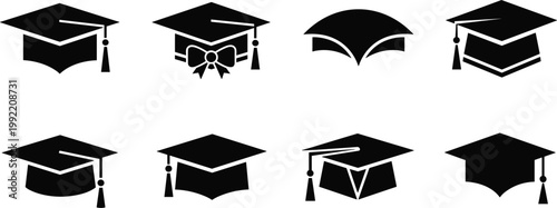 Graduation cap icons set with academic hats and education symbols for university school and learning design