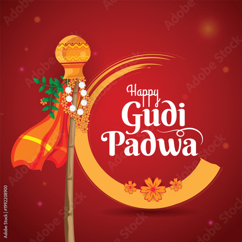 Happy Gudi Padwa poster with festive Marathi bamboo gudi, saffron flag, and red celebration background