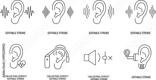 Hearing and sound icons set with ear audio waves and listening devices outline editable stroke design