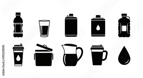 Black flat vector icon set featuring water bottles, hydration containers, a drinking glass, canteen flask, storage canister, gallon jug, tumbler, cooler chest, pitcher, and water drop.