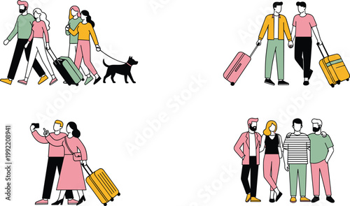Diverse Travelers and Tourists with Suitcases Luggage and Pets Illustration Set for Summer Vacation Trip Planning Airport Transit and Global Tourism Marketing Designs