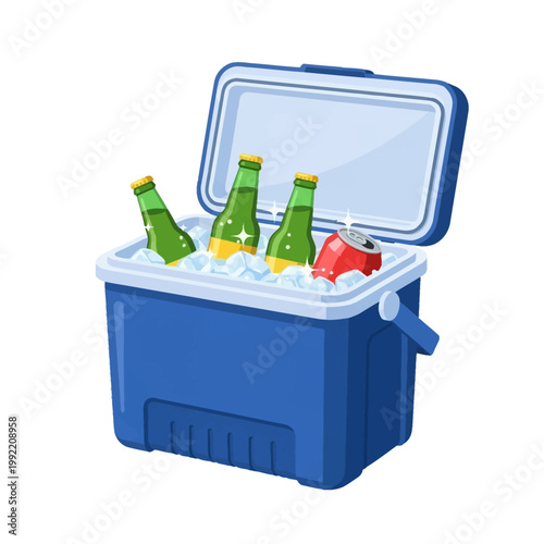 Blue portable cooler box with open lid containing transparent ice cubes, three green glass beverage bottles, and one red aluminum soda can, isolated on a white background vector.