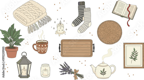 Vector illustration of cozy home objects including blanket, socks, book, plant, mug, candle, teapot, and lantern