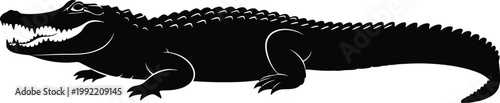 Powerful Alligator Silhouette Vector Illustration Featuring Aggressive Crocodile Profile with Sharp Teeth for Predatory Wildlife Mascot and Swamp Nature Design
