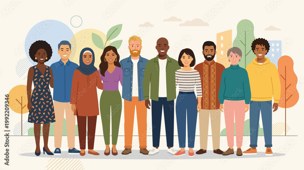 Obraz premium Multicultural Group of Diverse People Standing Together Flat Vector Illustration for Community