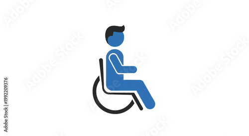 Blue and black flat vector icon of a person with a physical disability sitting in manual wheelchair, isolated on a white background, representing accessibility and handicap access