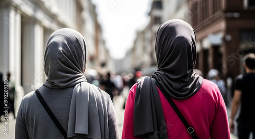 Two women wearing hijabs walking down a busy city street together
