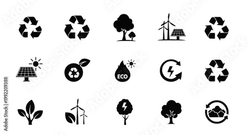 Black flat vector icon set for ecology and sustainability. Includes recycling symbols, solar panels, wind turbines, trees, leaves, and renewable energy signs on white background.