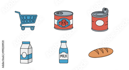 Set of six grocery shopping vector icons including a blue wire shopping cart, canned food tins with pull tabs, a paper milk carton, a glass milk bottle, and a crusty loaf of bread.