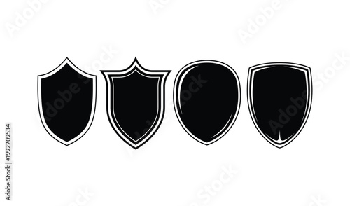 Three Black Shields with White Borders, Heraldic Symbols, Vector Illustration, Crest, Emblem, Badge, Coat of Arms, Monochrome, Graphic Design, Symmetry, Security, Protection, Strength, Honor