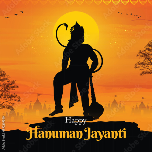 Hanuman Jayanti poster with Lord Hanuman silhouette, golden sunrise, and devotional orange background