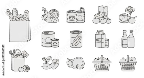 Set of grocery store icons featuring paper bags with produce, shopping baskets, canned food, milk cartons, glass bottles, and vegetables like carrots and tomatoes in outline style.
