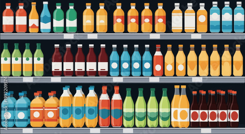 Flat vector illustration of rows of colorful beverage bottles on grocery store shelves, featuring assorted sodas, juices, and water in glass and plastic containers with blank labels.