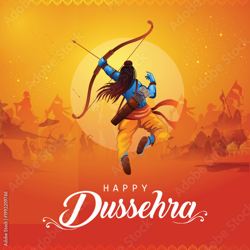 Happy Dussehra poster with Lord Rama silhouette, archery scene, and festive orange background